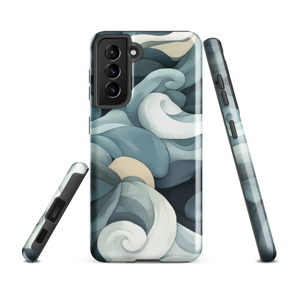 Phone case with abstract swirling ocean waves in blue and cream