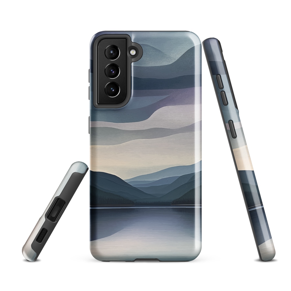 Phone case with moody blue and purple layered mountain and lake landscape artwork