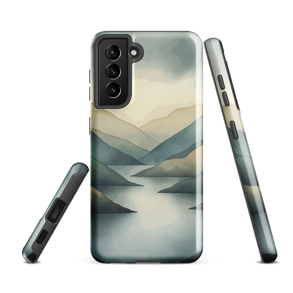 Phone case with soft mountain and valley design in misty green, blue, and golden tones
