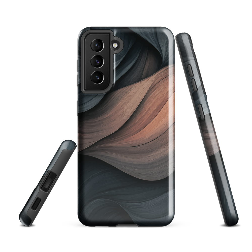 Phone case with flowing abstract design in black, copper and charcoal tones, inspired by dusk shadows