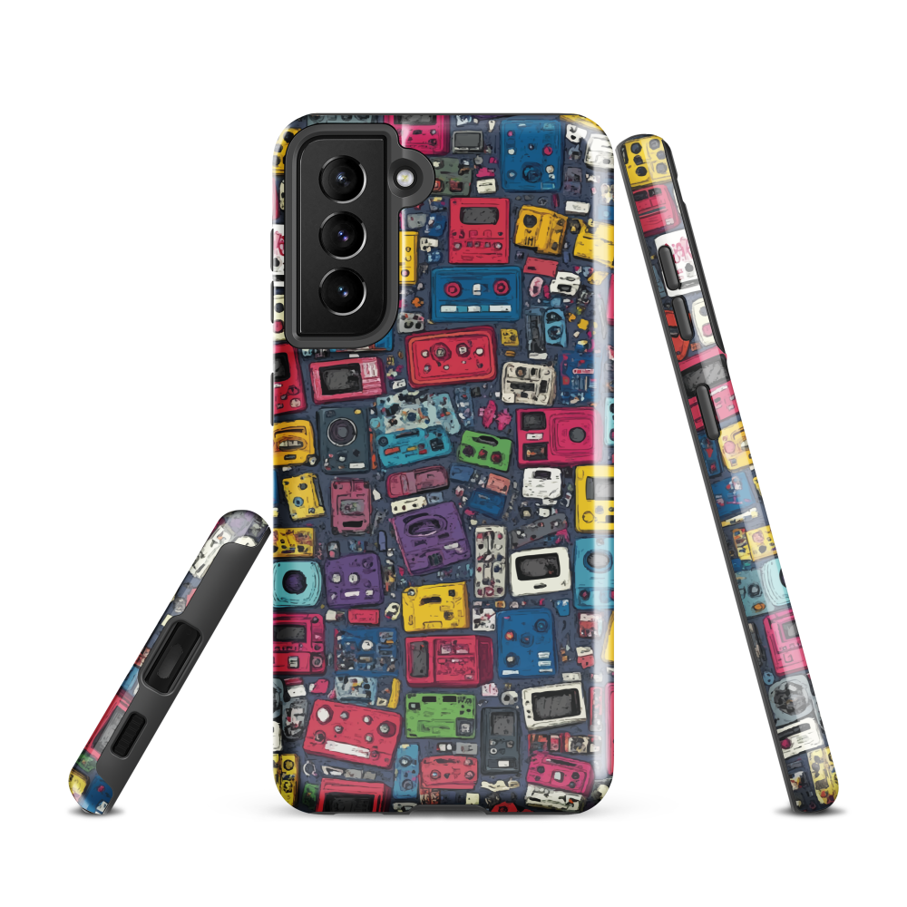'Arcade' Samsung case, featuring a vibrant collage of hand-drawn controllers in bold, vintage-inspired colours. From electric blue and hot pink to classic black and yellow
