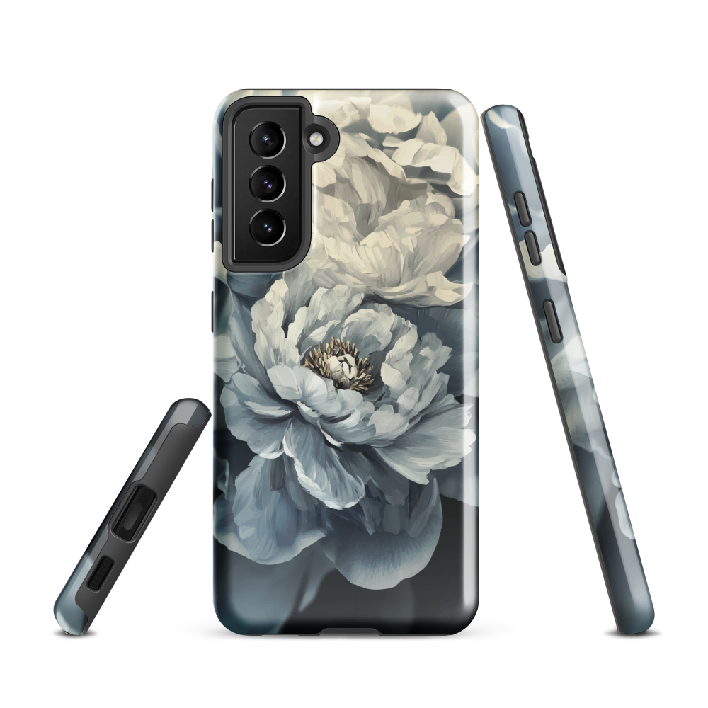 'Whisper' Samsung case features a stunning close-up of softly painted peony blooms in dreamy shades of ivory, grey, and smoky blue.