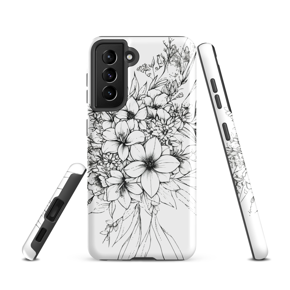 Black and white floral phone case with hand-drawn lilies and wildflowers