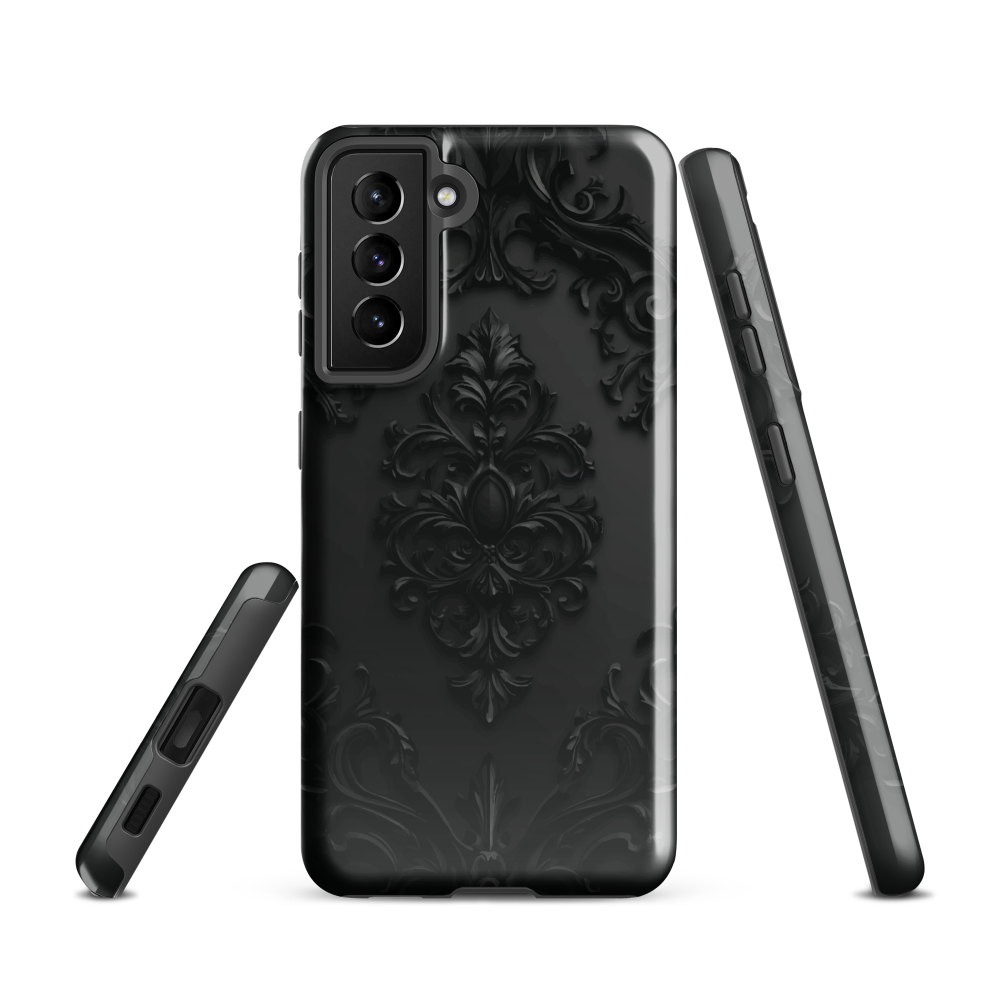 Black embossed damask phone case with gothic baroque pattern.
