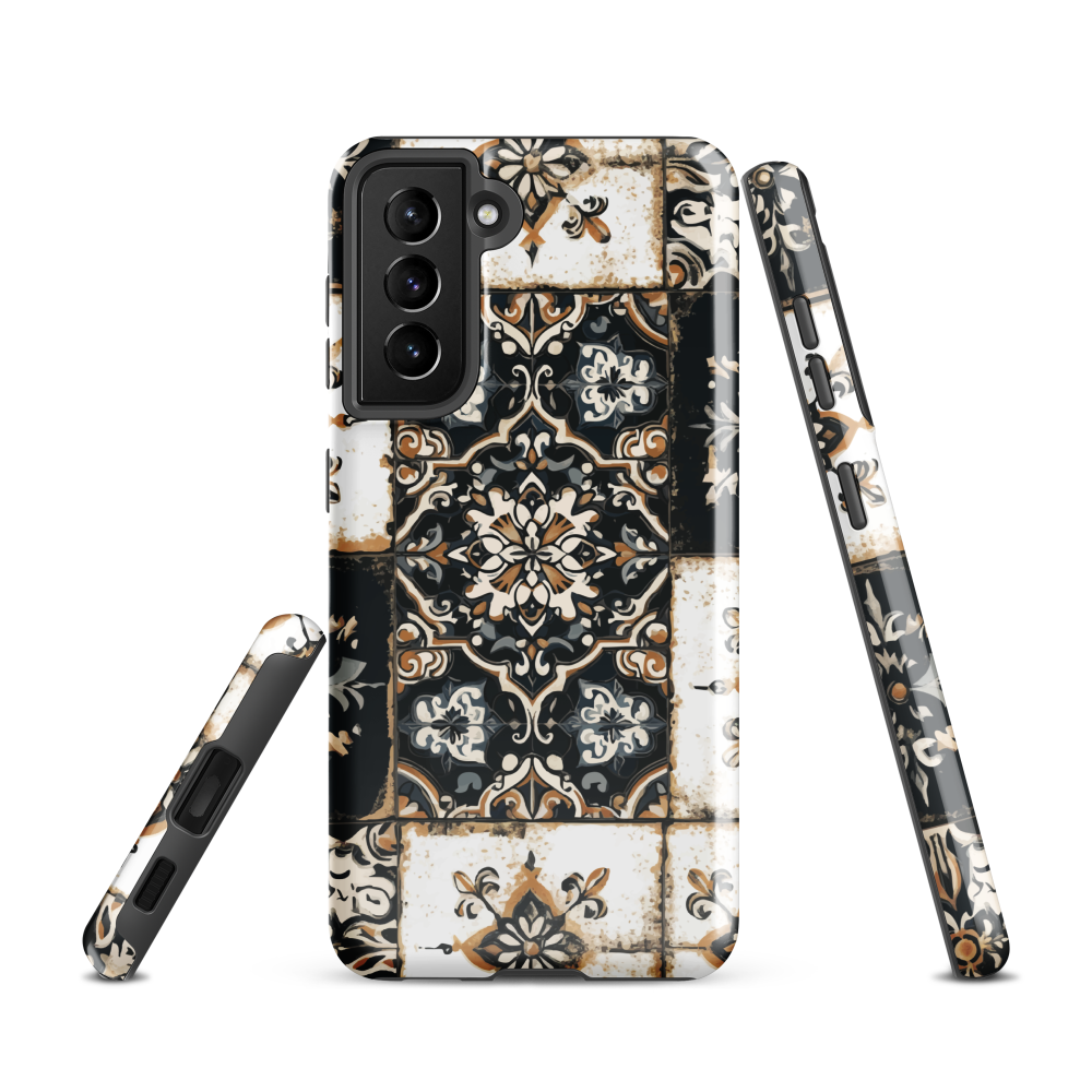 Moroccan tile pattern phone case in black, white, and gold tones with vintage-inspired design.