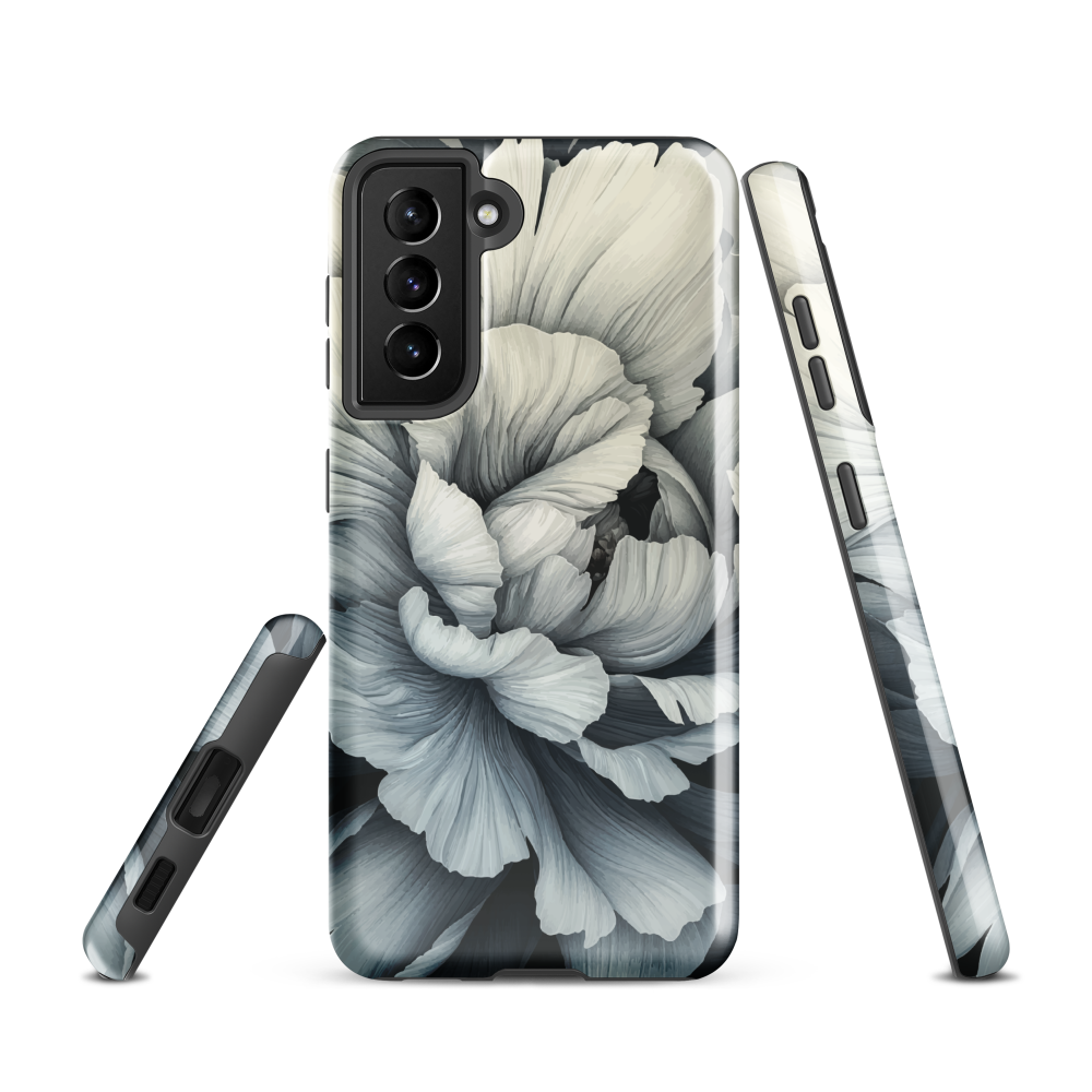Black and white floral phone case featuring a soft, moody peony design by New Zealand artist Ben Hart.