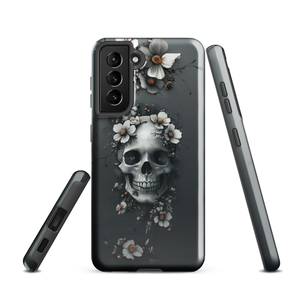 Gothic phone case with a floral skull design in grey tones, featuring white blossoms and dark detailing.