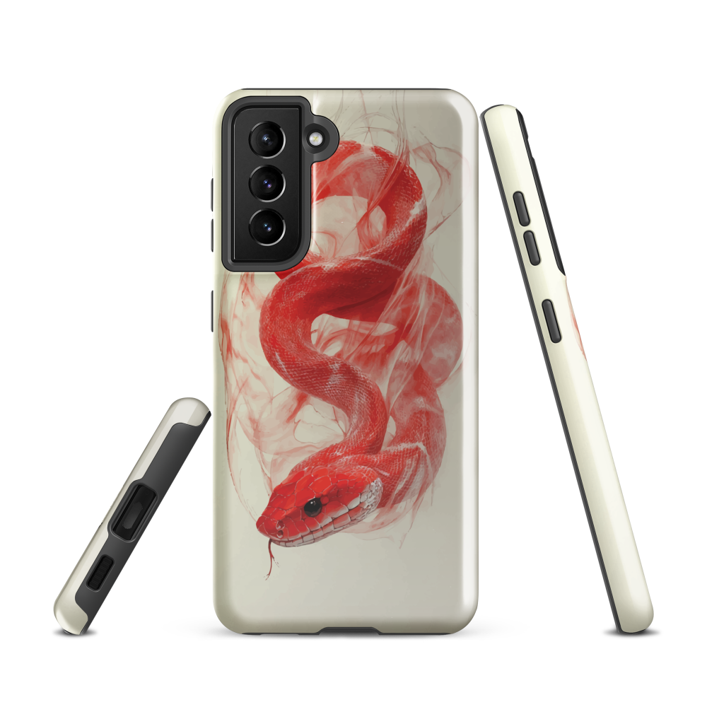 Phone case with red snake design on a cream background, coiled in smoky detail. Bold artwork by NZ designer Ben Hart.