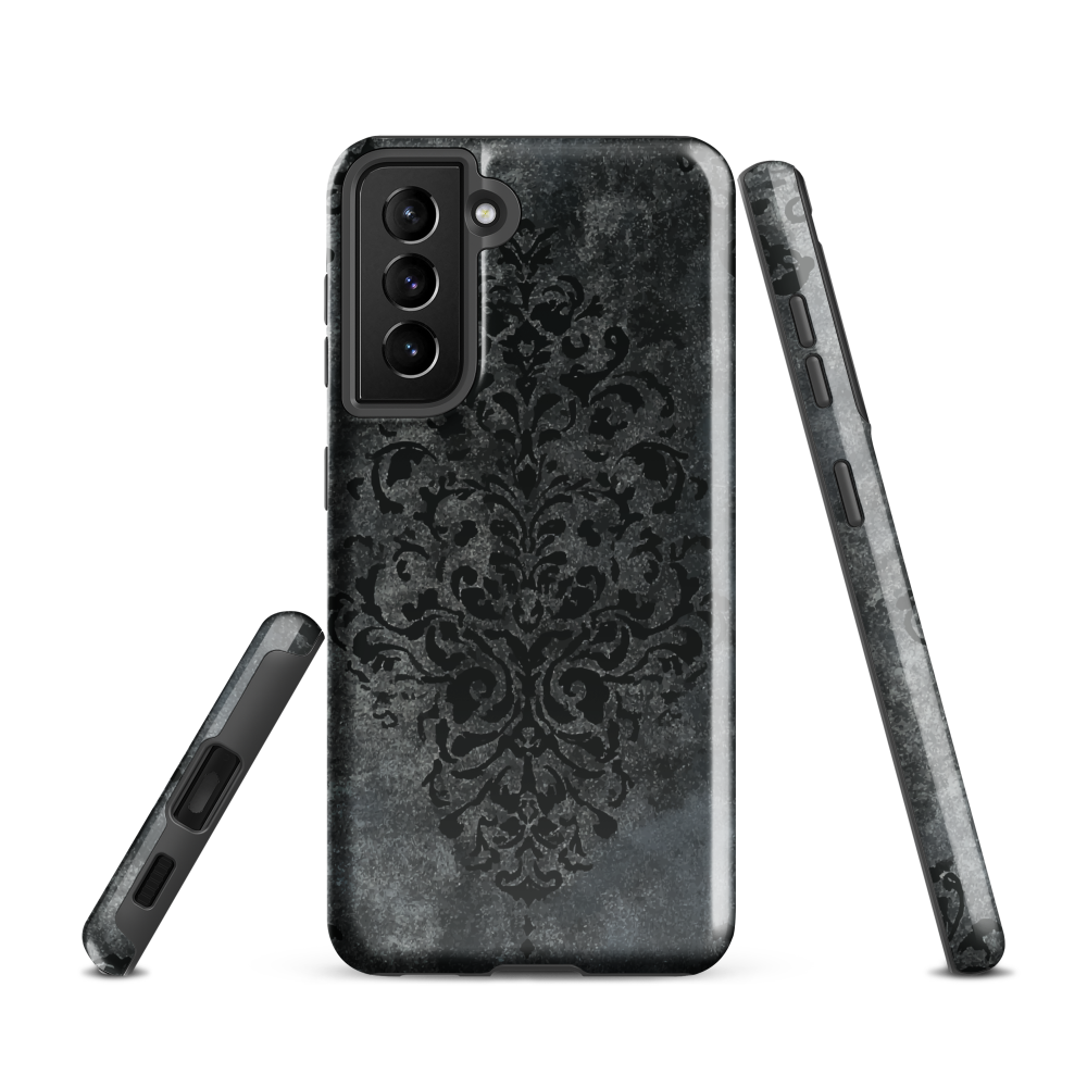 Dark damask patterned phone case with a vintage gothic aesthetic and textured stone background.