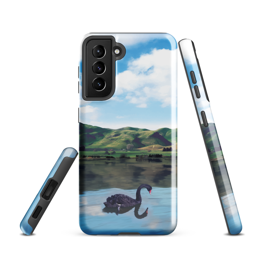 Phone case with a black swan on a calm lake, New Zealand hills in the background. Art by NZ designer Ben Hart.