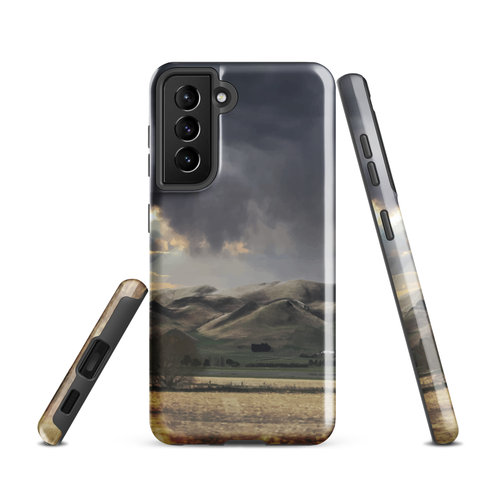 Designer phone case with NZ landscape painting of Te Hauke and cloudy skies by Ben Hart.