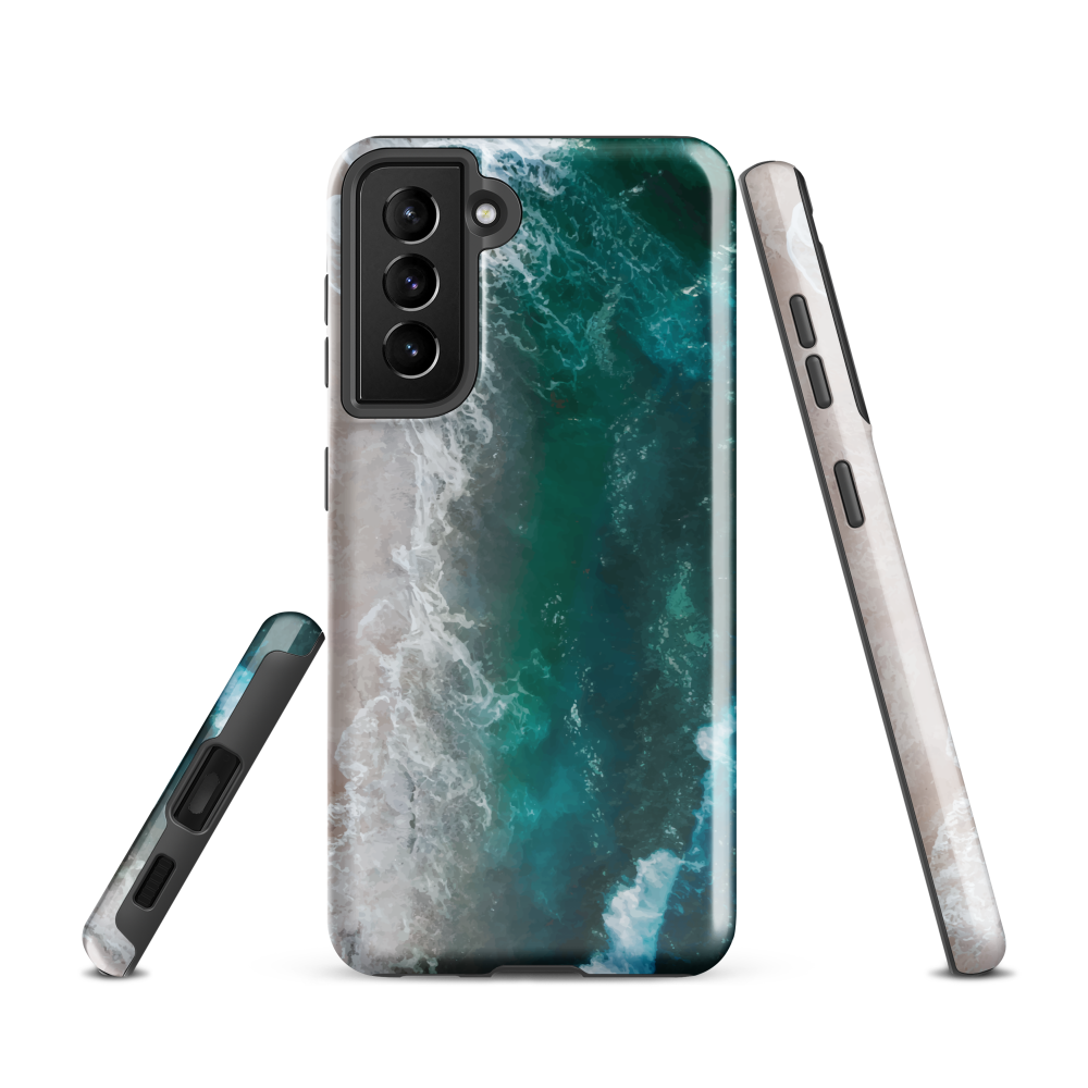 Ocean wave phone case with abstract beach design in teal and white, by NZ artist Ben Hart.