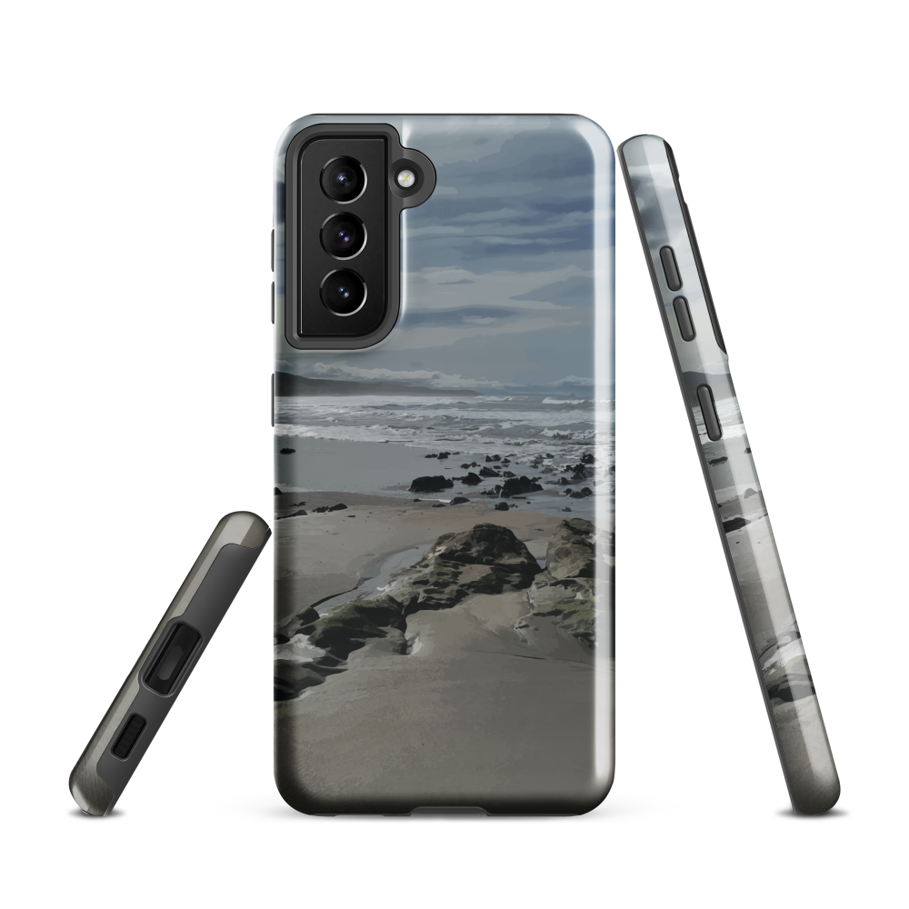 Phone case with artwork of Riversdale Beach, Masterton – rocks, waves and sky by NZ artist Ben Hart.
