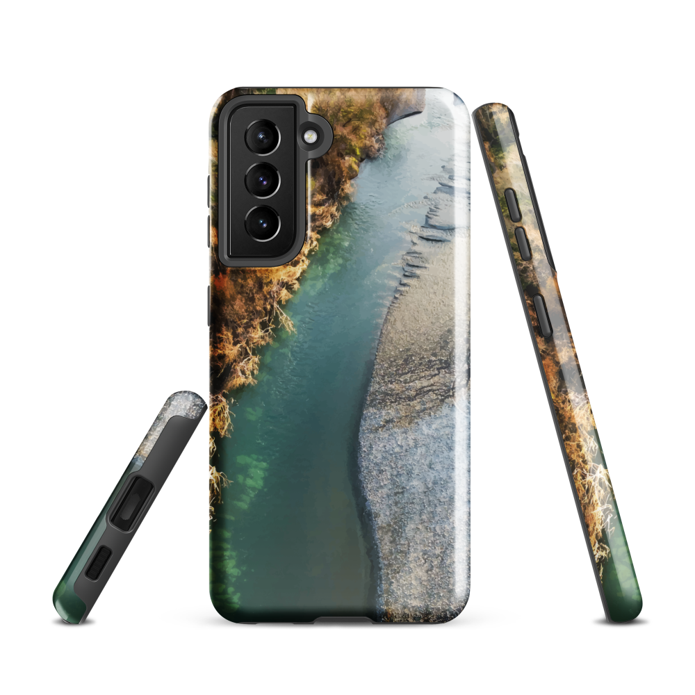 Phone case with aerial riverbend artwork and earthy tones, designed by New Zealand artist Ben Hart.