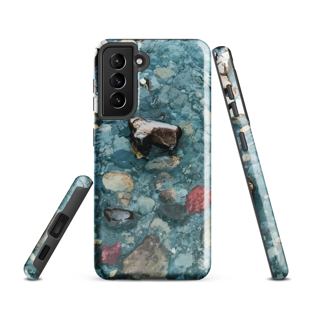 Washed Away designer phone case with abstract river stone artwork in earthy blues and natural tones.