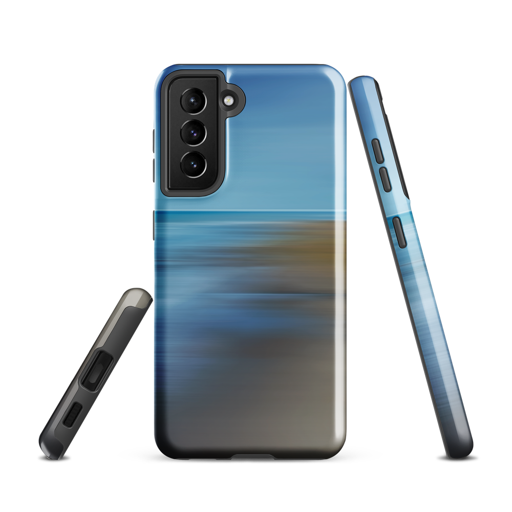 Ocean Breeze phone case with abstract blue and sandy tones inspired by sea and sky.