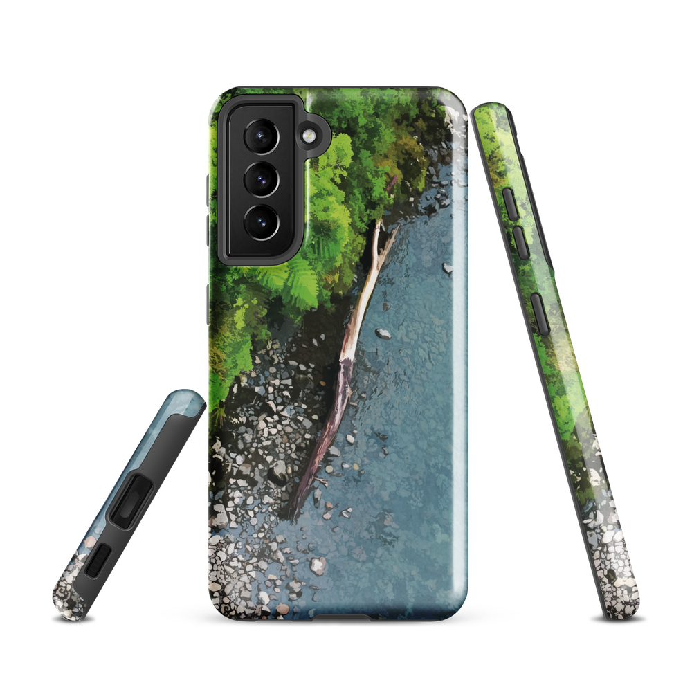 Resting Place phone case with aerial artwork of river rocks, green bush, and driftwood in a New Zealand stream.