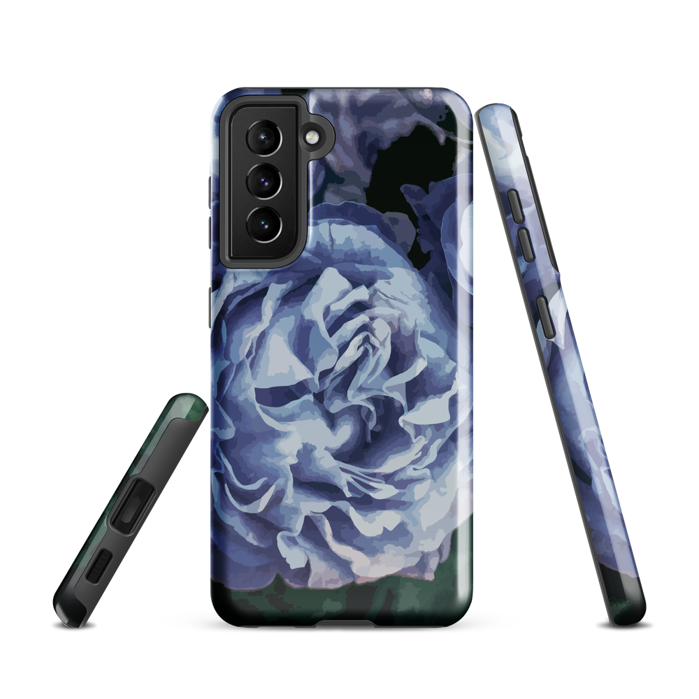 Designer phone case with a bold blue rose artwork and glossy finish.