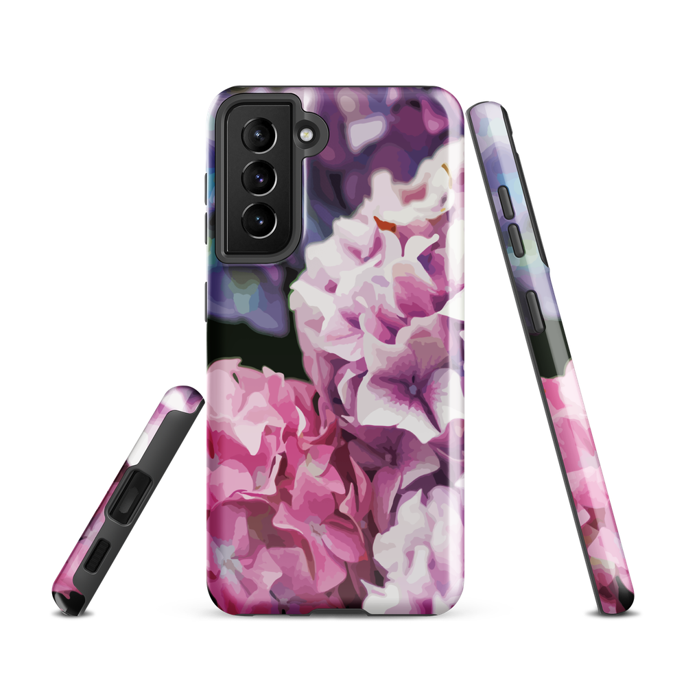 Designer phone case with pink and purple hydrangea floral artwork.