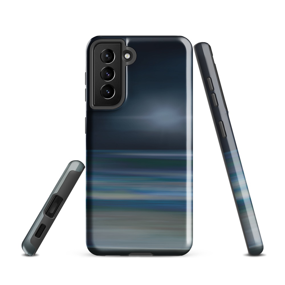 Dark abstract phone case with blue and grey streaks and glossy finish.