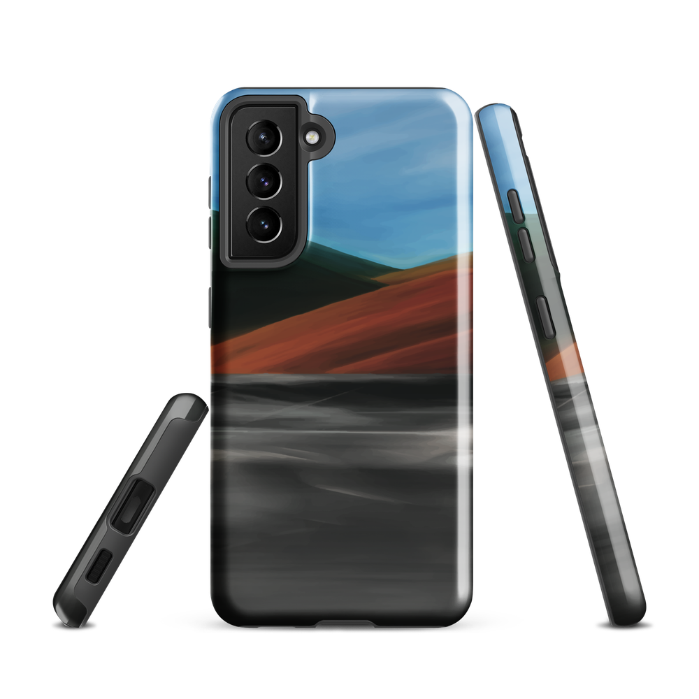 Phone case with abstract red, green, and blue heat wave landscape design.