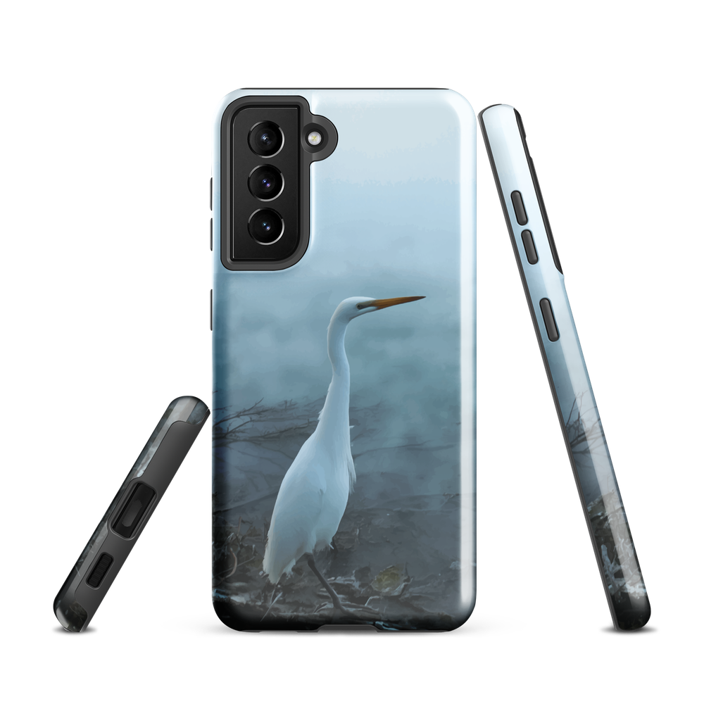 Phone case with a white heron standing in a misty wetland scene.