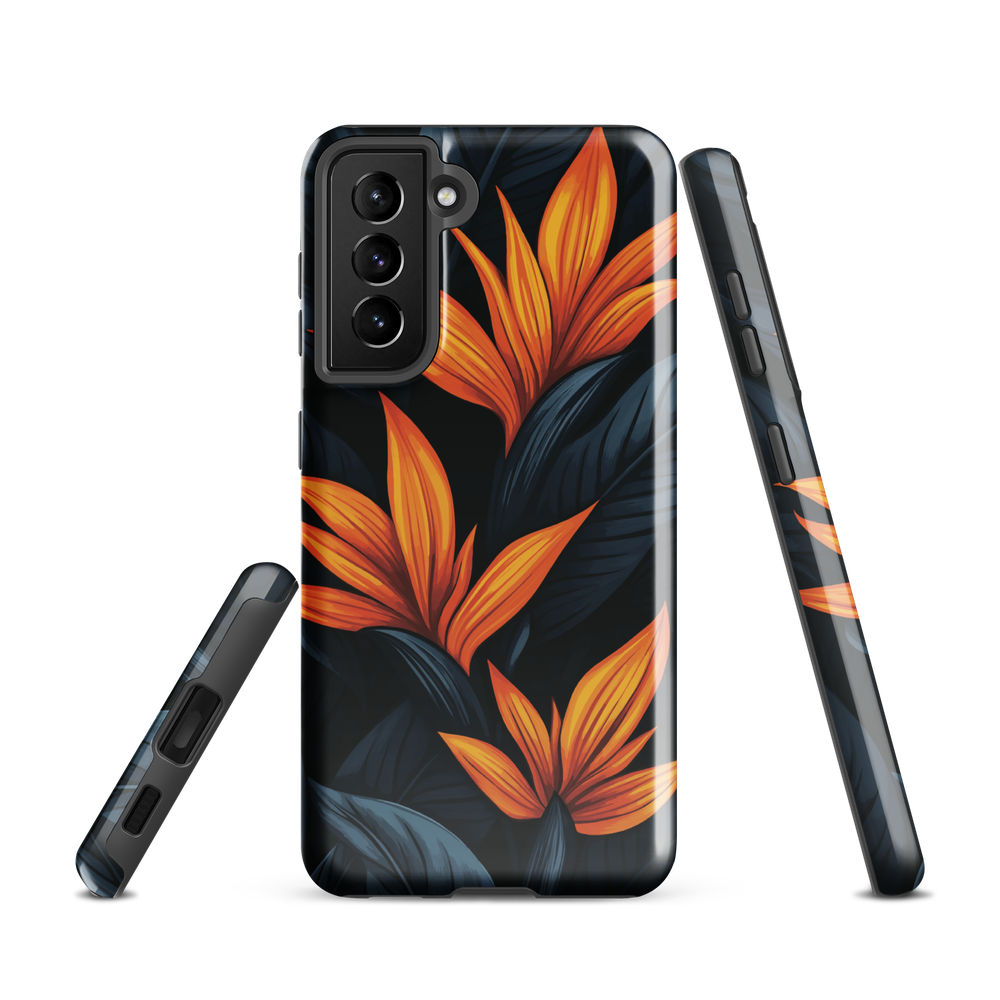 Phone case with bold orange bird of paradise flowers on dark background.