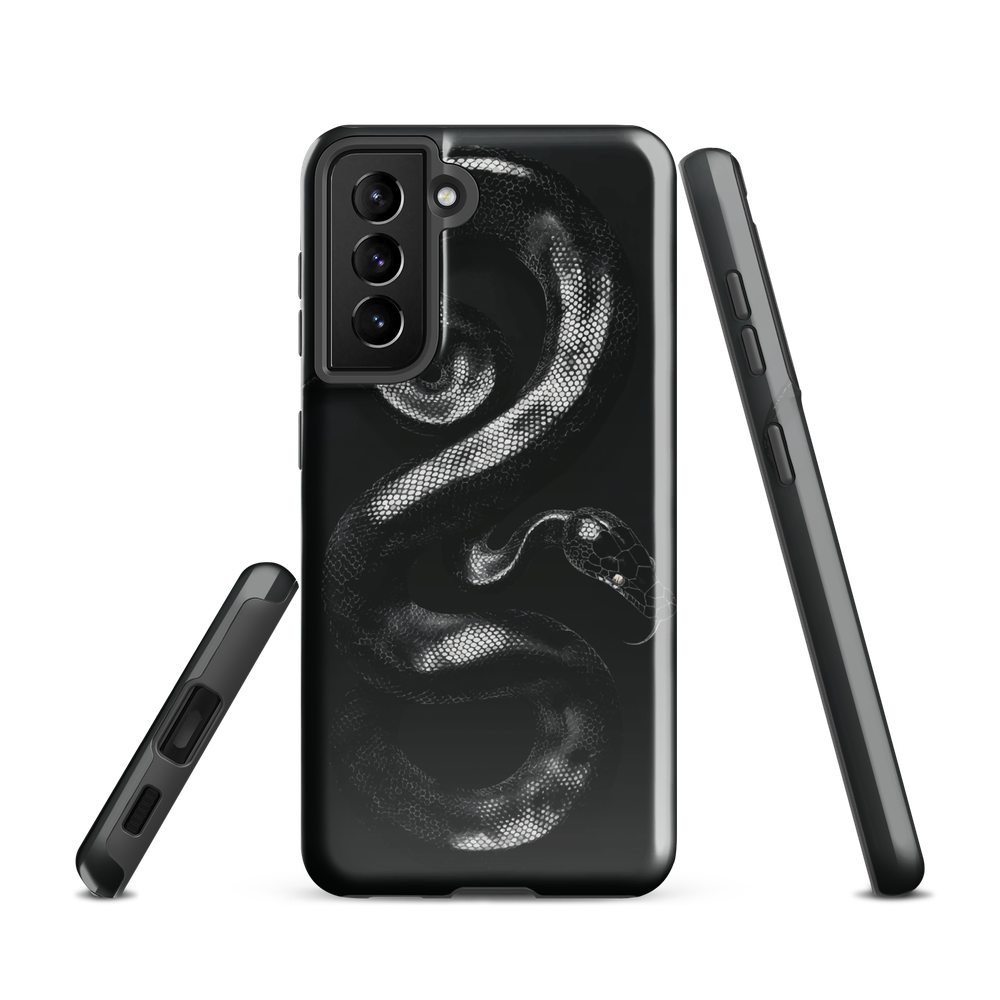 Phone case with detailed black python design on dark background.