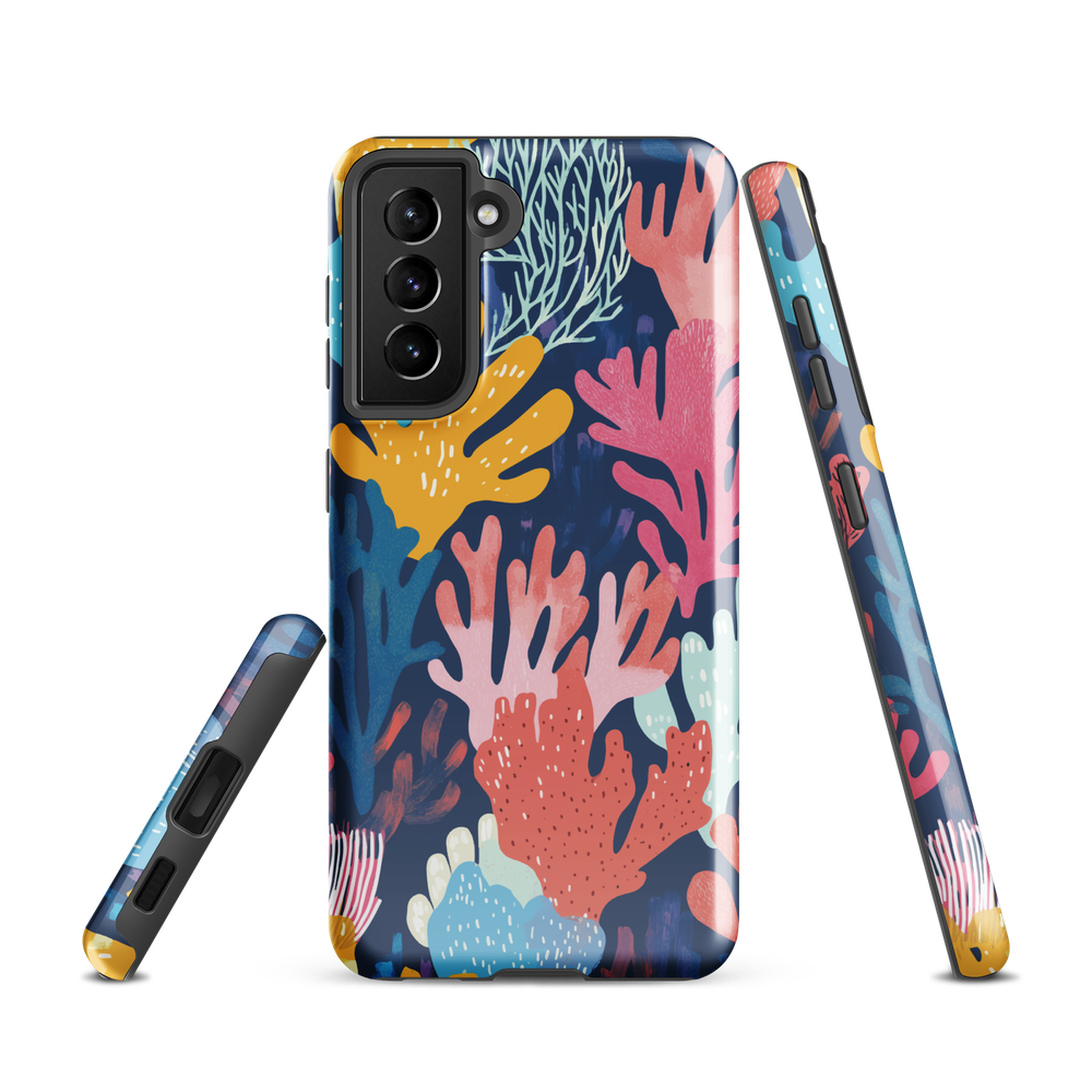 Colourful coral reef phone case design in pink, blue and yellow by NZ artist Ben Hart