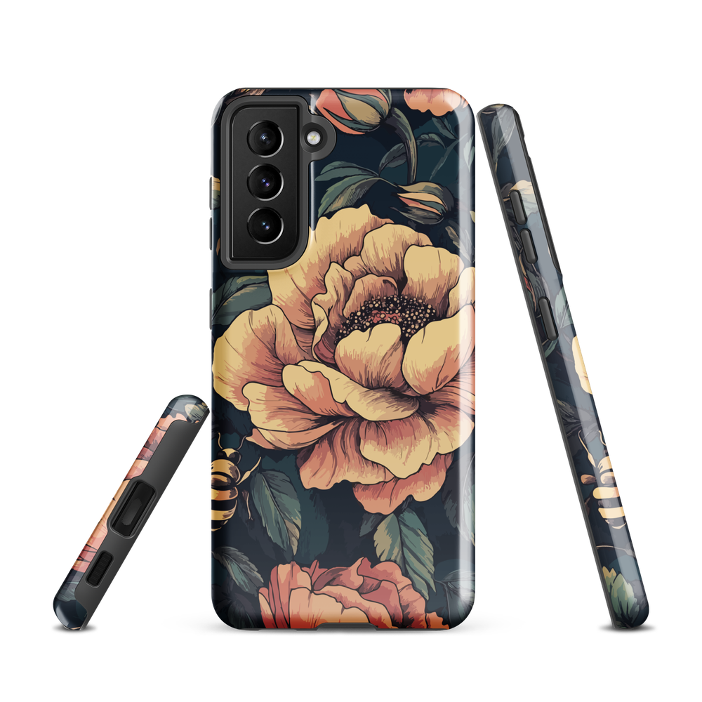 Phone case with vintage-style pink roses and bees on dark background, floral New Zealand artwork.