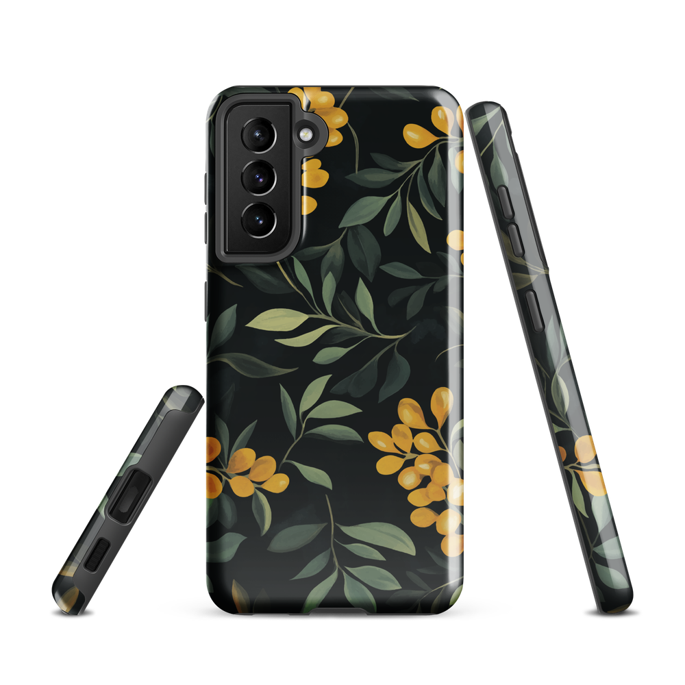 NZ Kowhai phone case with native yellow floral and green leaves on black background by designer Ben Hart.