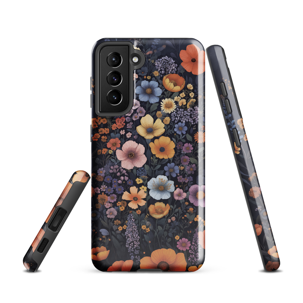 Phone case with colourful wildflowers on dark background, floral art design