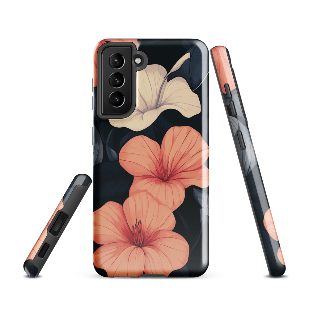 Phone case with coral hibiscus flowers and ivory blooms on dark background