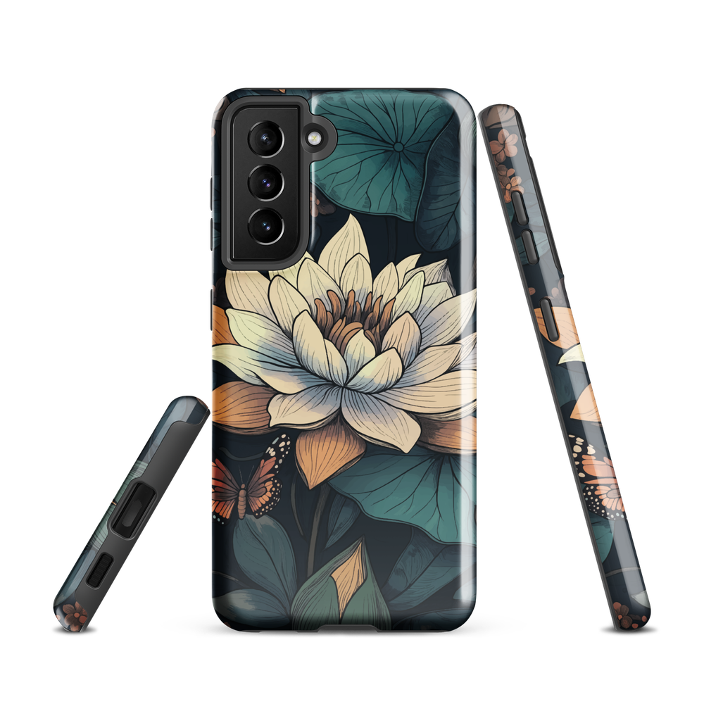 Phone case with ivory water lily, green leaves, and butterfly accents on dark background