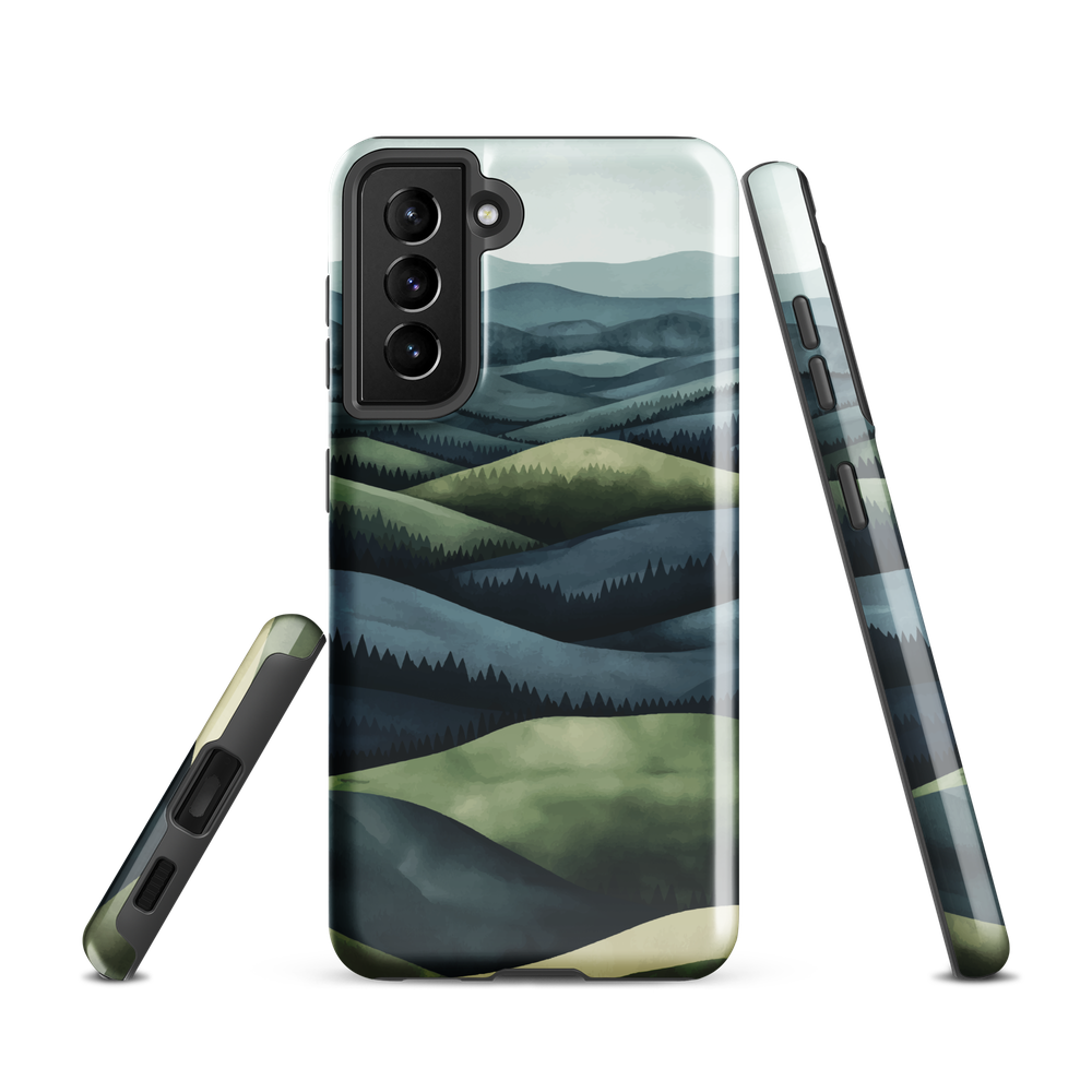 Phone case with layered mountain and forest landscape in blue and green hues