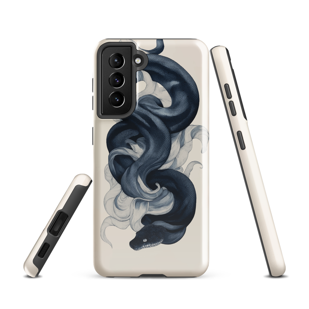 Phone case with black python and smoke design on cream background, serpent art by NZ artist Ben Hart.