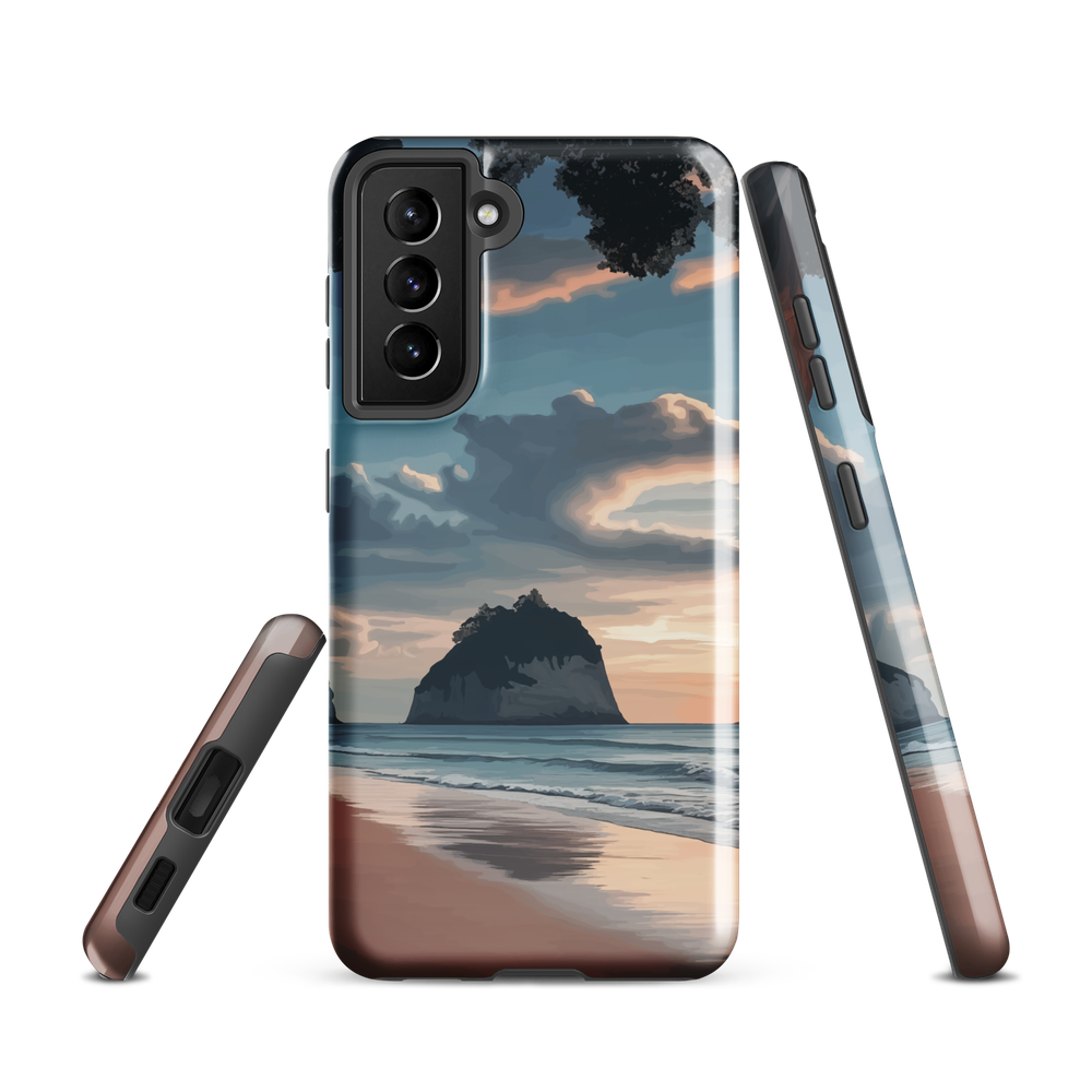 Phone case with Cathedral Cove beach and sunset scene, featuring soft skies and sea stack, by NZ artist Ben Hart.