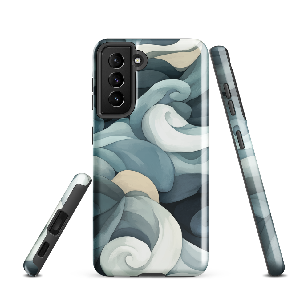 Phone case with abstract swirling ocean waves in blue and cream
