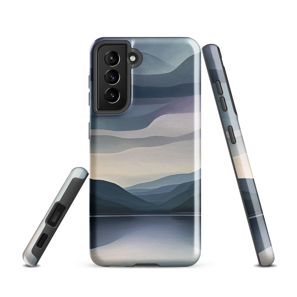 Phone case with moody blue and purple layered mountain and lake landscape artwork