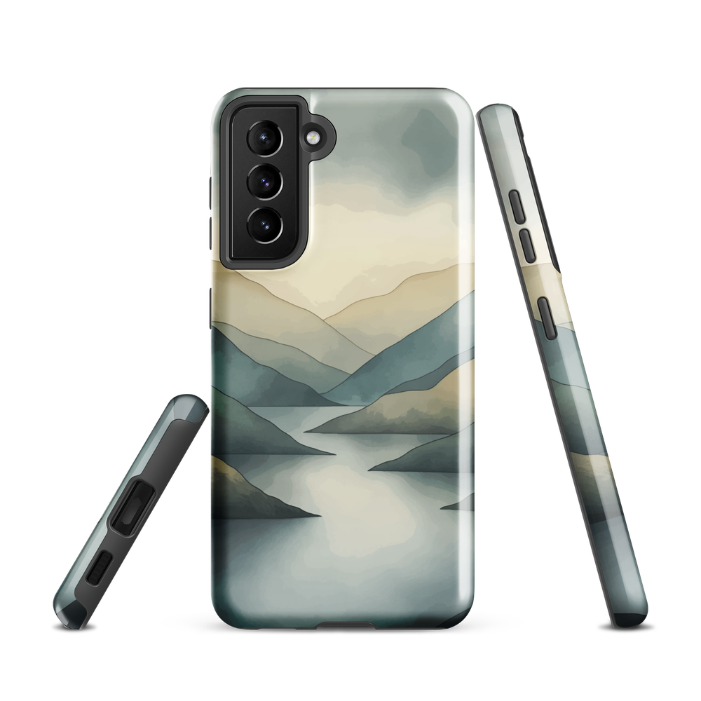 Phone case with soft mountain and valley design in misty green, blue, and golden tones