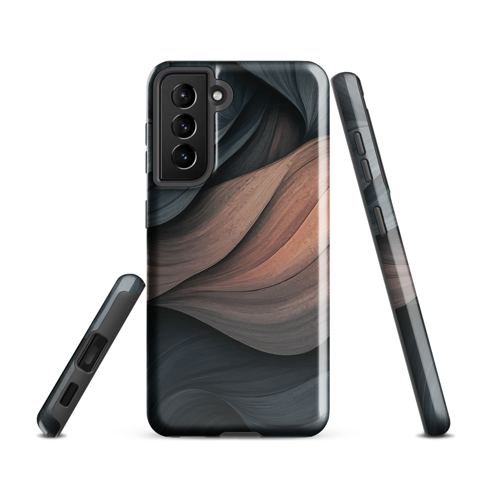 Phone case with flowing abstract design in black, copper and charcoal tones, inspired by dusk shadows