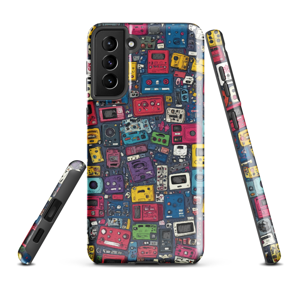 'Arcade' Samsung case, featuring a vibrant collage of hand-drawn controllers in bold, vintage-inspired colours. From electric blue and hot pink to classic black and yellow