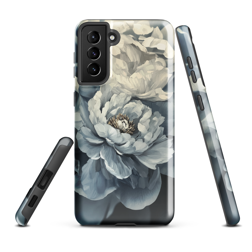 'Whisper' Samsung case features a stunning close-up of softly painted peony blooms in dreamy shades of ivory, grey, and smoky blue.