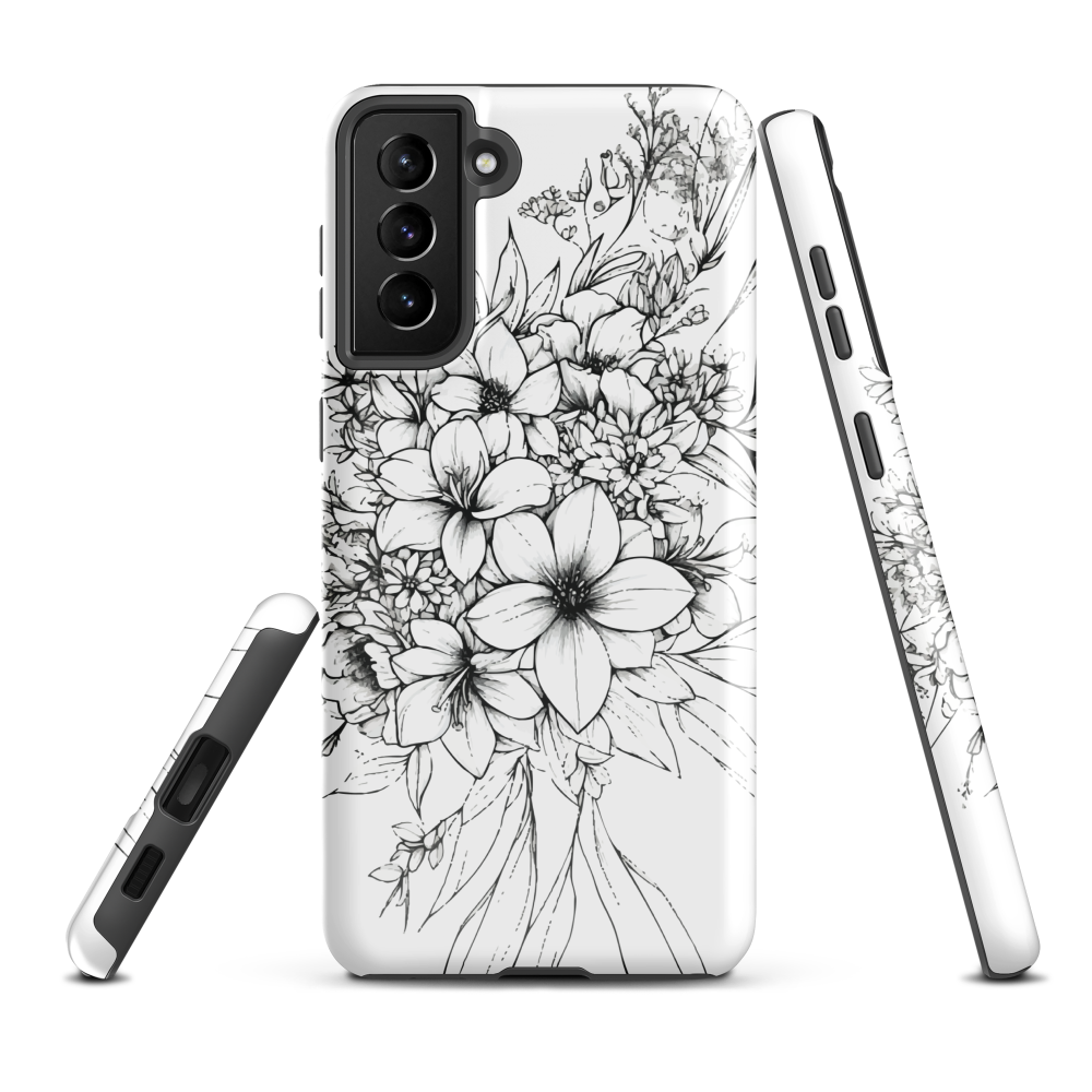 Black and white floral phone case with hand-drawn lilies and wildflowers