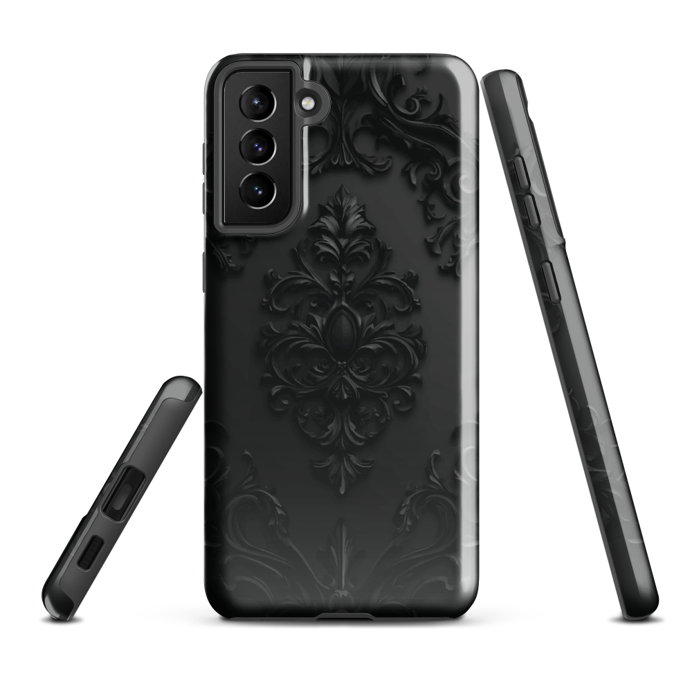 Black embossed damask phone case with gothic baroque pattern.