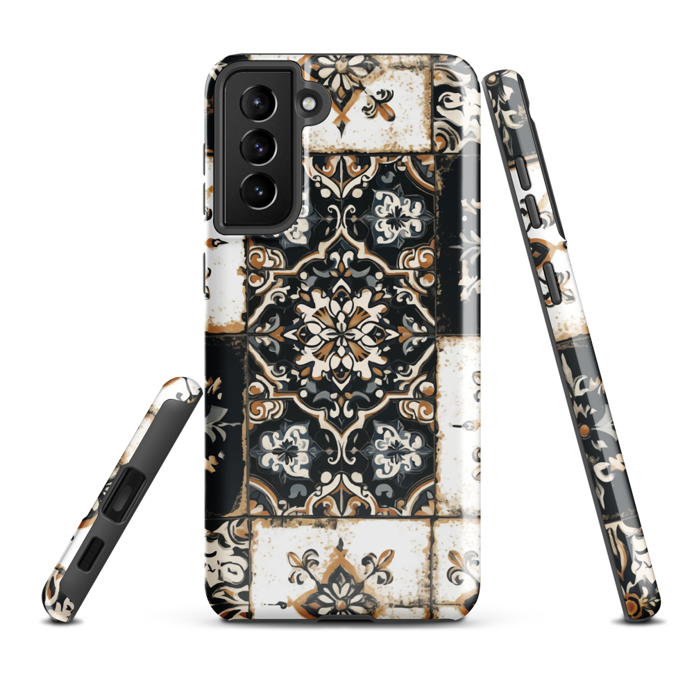 Moroccan tile pattern phone case in black, white, and gold tones with vintage-inspired design.
