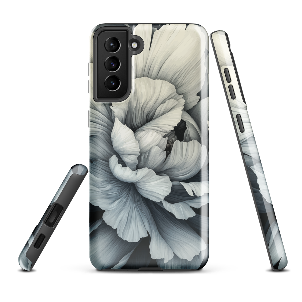 Black and white floral phone case featuring a soft, moody peony design by New Zealand artist Ben Hart.
