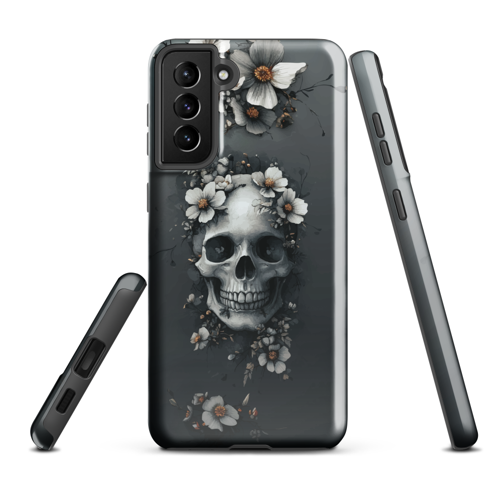 Gothic phone case with a floral skull design in grey tones, featuring white blossoms and dark detailing.