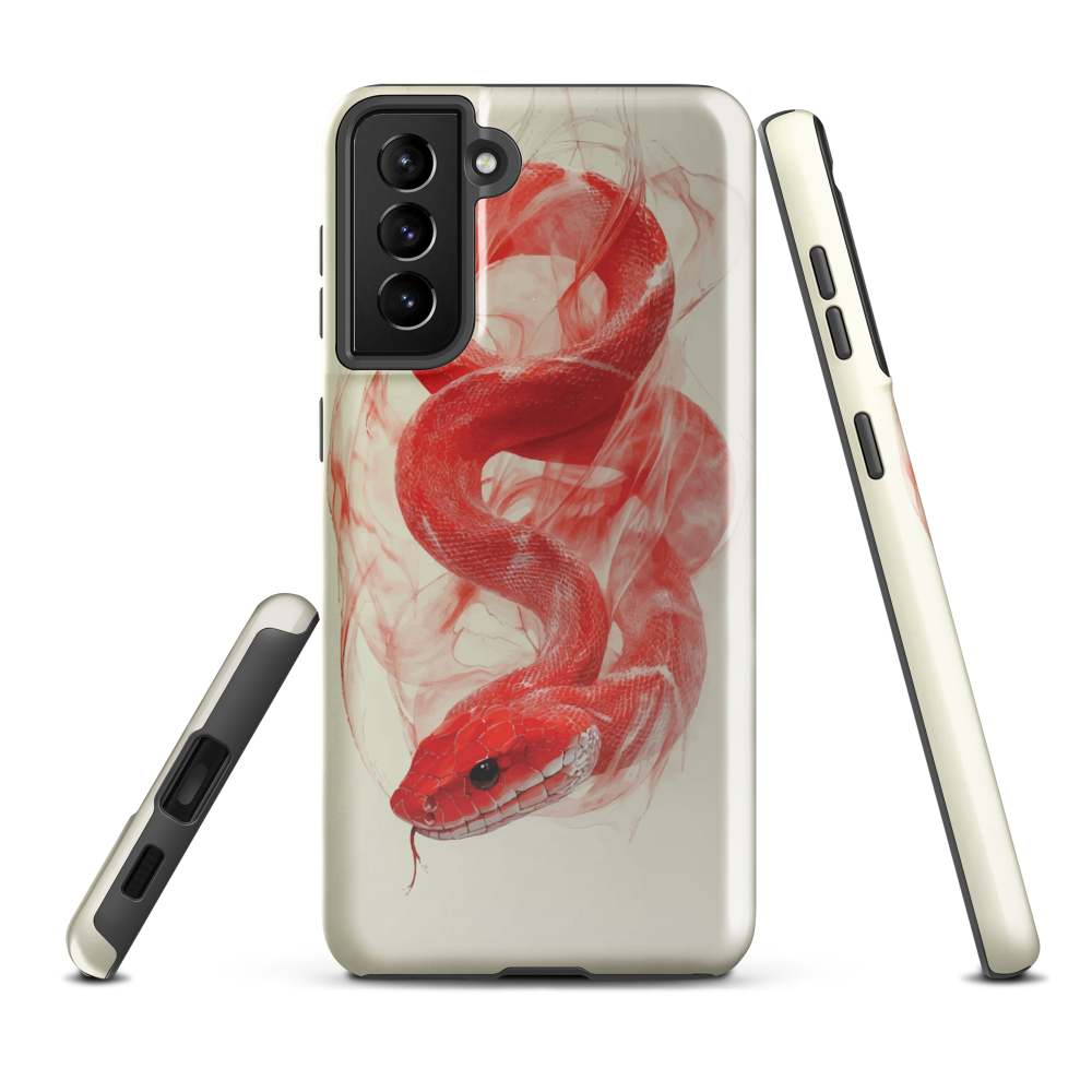 Phone case with red snake design on a cream background, coiled in smoky detail. Bold artwork by NZ designer Ben Hart.