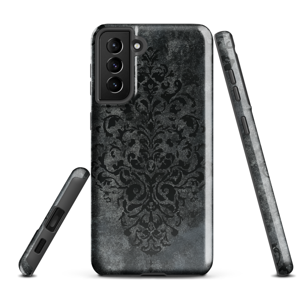 Dark damask patterned phone case with a vintage gothic aesthetic and textured stone background.